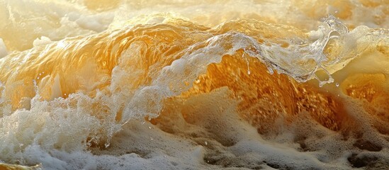 Aufkleber - Golden sea waves crashing with frothy white foam under bright sunlight showcasing dynamic movement and captivating shimmer in vibrant water.