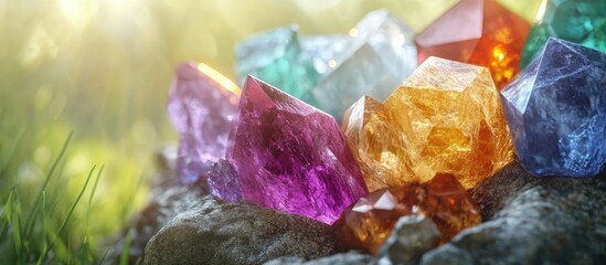 Aufkleber - Colorful natural gemstones in varying shades of purple, orange, green, and blue arranged on a rock, illuminated by soft sunlight with a blurred background.