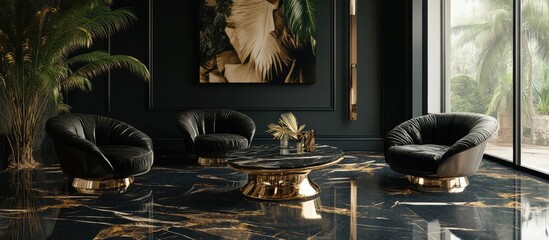 Aufkleber - Luxurious interior with dark green walls, black velvet armchairs, and a gold-accented coffee table on polished dark marble floor with tropical plants.