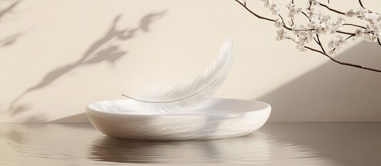 Fototapete - Elegant minimalist scene featuring a delicate white feather resting on a smooth porcelain dish reflecting soft shadows against a neutral backdrop.