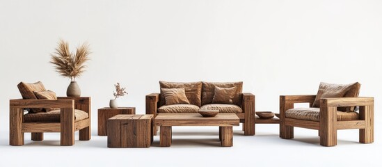 Poster - Elegant solid wood furniture in natural tones arranged symmetrically on a light beige backdrop accented with neutral cushions and decorative plants.