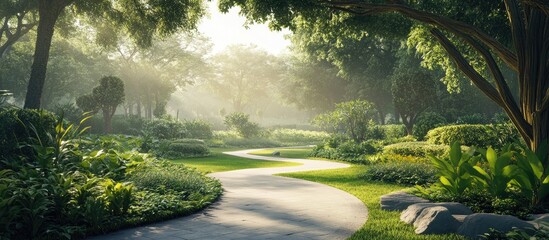 Leinwandbilder - Serene morning park scene featuring a winding path surrounded by lush green foliage and soft sunlight creating a tranquil urban oasis