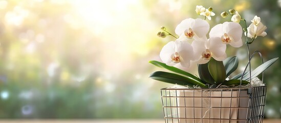 Leinwandbilder - Elegant white orchids in a rustic shopping basket, soft green background, natural light highlighting the delicate bloom for special occasions.