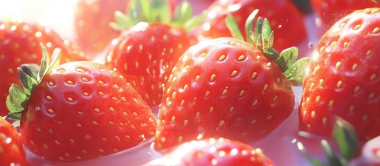 Fototapete - Fresh ripe strawberries glistening in sunlight with green leaves in a blurred background creating a vibrant red and soft white composition