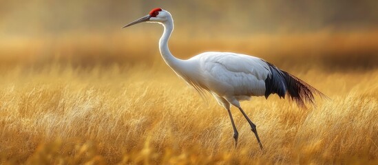 Aufkleber - Elegant white crane standing in golden grass during sunrise, showcasing nature's beauty, symbolizing healthy and nutritious meal options.