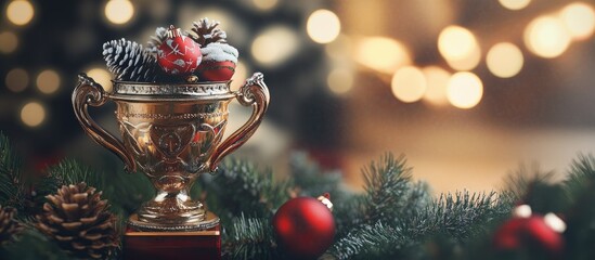 Poster - Golden trophy embellished with pinecones and red ornaments, set against a blurred festive background with warm lights and greenery.