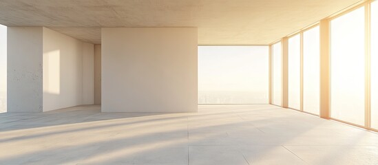 Leinwandbilder - Modern empty room interior under construction with large windows showcasing soft sunlight reflections illuminating unfinished concrete walls and floor space.