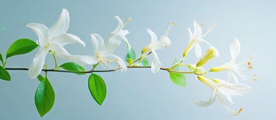 Aufkleber - Delicate white honeysuckle blossoms on a slender branch against a soft blue backdrop, creating an elegant and serene botanical composition.