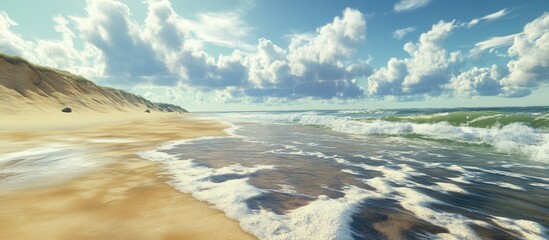 Aufkleber - Serene beach landscape featuring golden sand and gentle waves under a vibrant blue sky with fluffy clouds perfect for summer vacation imagery