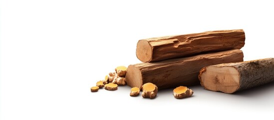 Aufkleber - Stylish ginger wood logs stacked on a clean white background with scattered ginger pieces, ideal for creative projects focusing on natural themes.