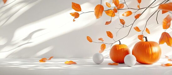Aufkleber - Autumn flat lay with vibrant orange pumpkins and scattered leaves on a bright white background creating a seasonal atmosphere perfect for Halloween