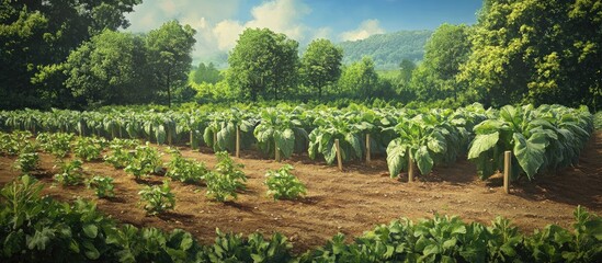 Vibrant green crop rows in lush summer garden under bright blue sky with subtle cloud cover showcasing resilience and thriving growth in abundance