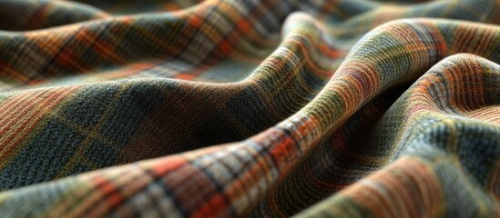 Poster - Close-up of textured plaid fabric in earthy tones of green, orange, and blue, draped in soft waves creating a cozy and inviting atmosphere.