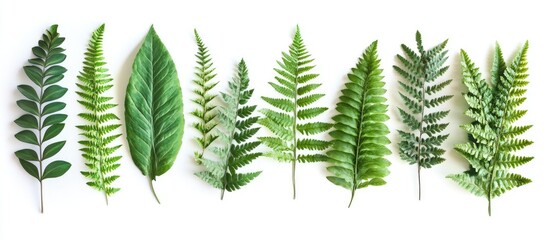 Aufkleber - Lush green fern leaves and tropical plants arranged in a flat lay on a clean white background creating a fresh natural aesthetic.