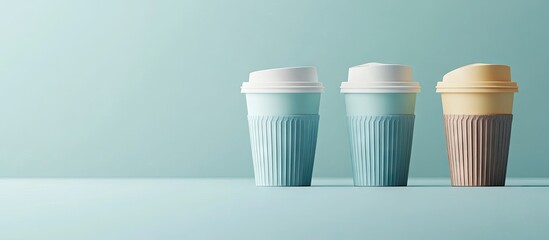 Aufkleber - Modern eco-friendly coffee cups in shades of blue and beige arranged symmetrically against a soft mint backdrop creating a minimalist aesthetic.