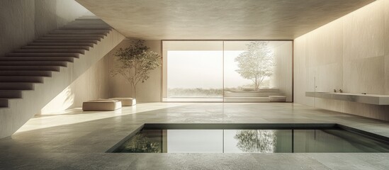 Leinwandbilder - Modern tranquil interior showcasing minimalist design with earthy neutral tones and soft green accents, featuring large glass windows and a serene pool.