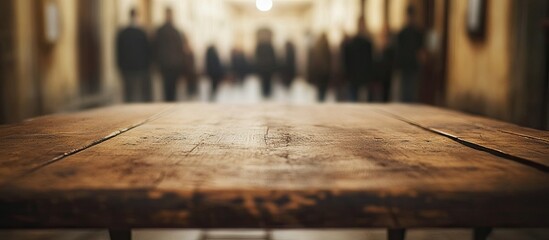 Aufkleber - Wooden table in foreground with rich brown tones, blurred figures in soft focus, hallway ambiance, perfect for product display and engagement.