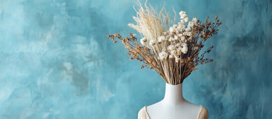 Aufkleber - Minimalist mannequin with a white torso holding a vibrant bouquet of dried flowers against a textured teal background, creating a modern aesthetic.