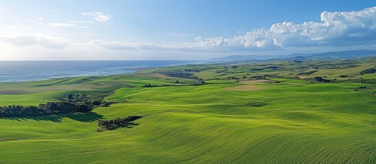 Aufkleber - Vast green hills under a clear blue sky with scattered clouds and ocean in the background showcasing a serene natural landscape.