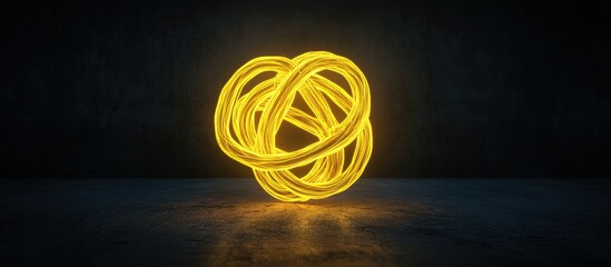 Fototapete - Vibrant glowing mustard yellow neon abstract icon on dark textured background creating a striking visual impact with intricate illuminated curves