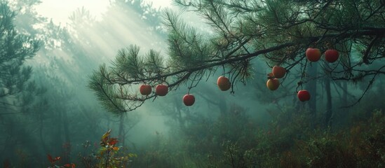 Aufkleber - Misty pine forest scene with fog and soft light filtering through branches laden with red and yellow apples creating a tranquil natural setting.