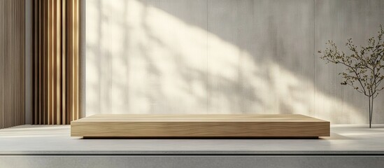 Leinwandbilder - Wooden podium on a minimalist white surface with soft shadows, surrounded by beige and light gray walls, enhancing product showcase elegance.