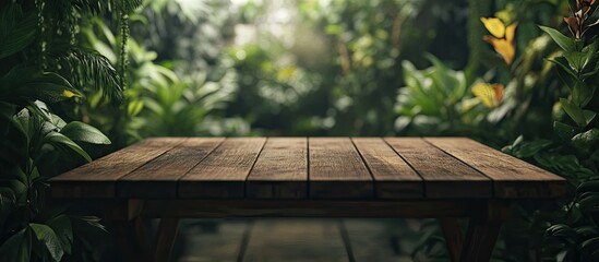 Aufkleber - Wooden table in focus with rich brown tones set against softly blurred lush greenery, highlighting contrast of rustic wood and vibrant foliage.