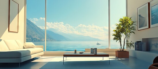 Poster - Panoramic living room with minimalist design featuring soft beige sofa, light wooden coffee table, large windows showcasing serene blue sea view.