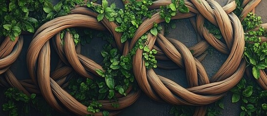 Poster - Intertwined wooden ropes with lush green leaves on a dark textured background, showcasing rich brown tones and natural elements in harmony.