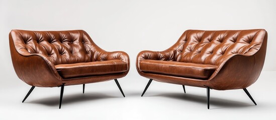 Aufkleber - Chic mid-century living room with stylish brown leather tufted sofas on black legs against a clean white backdrop for modern interior design.