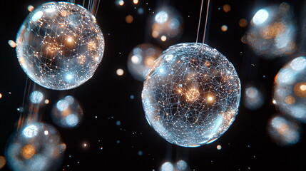 Floating spheres connected by intricate networks of light and energy against a dark background, creating a sense of depth and motion in a digital universe.