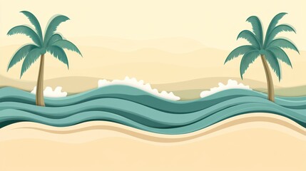 Tropical beach scene; ocean waves, palm trees, sand, summer vacation banner