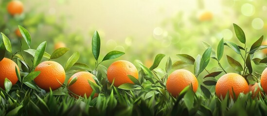 Fototapete - Vibrant orange oranges nestled among lush green leaves on soft grass create a lively, fresh natural display illuminated by soft sunlight