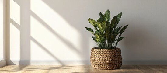 Poster - Stylish woven basket planter in a bright room with natural light showcasing lush green plants against a light wall and wooden floor.