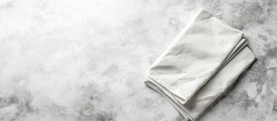 Poster - Gray thermal napkins neatly folded on a light gray stone background with ample white space for creative design in the top right corner.