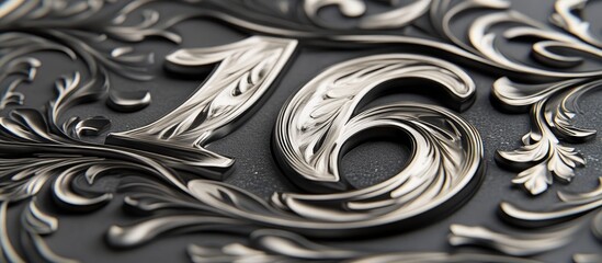 Fototapete - Intricate embossed sheet design featuring a prominent silver number sixteen surrounded by detailed floral patterns on a dark background.