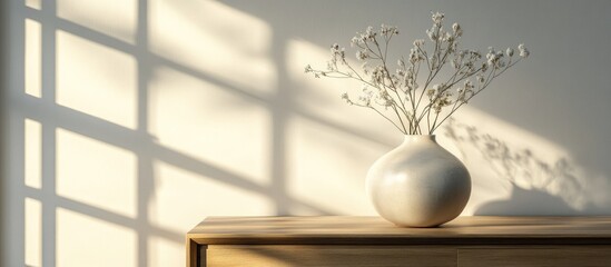 Aufkleber - Elegant minimalist white vase with delicate branches on wooden nightstand, illuminated by soft natural light, creating serene shadows and inviting ambiance.