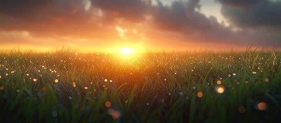 Aufkleber - Dewy grass at sunrise with vibrant orange hues illuminating a misty sky, soft focus on glistening droplets scattered across lush green blades.