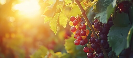 Fototapete - Vibrant grapevine clusters with lush green leaves illuminated by warm golden sunlight creating a serene vineyard atmosphere during sunset