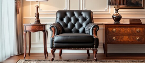 Fototapete - Elegant salon featuring a classic tight back black leather armchair positioned center left with a stylish wooden end table illuminated by warm light.