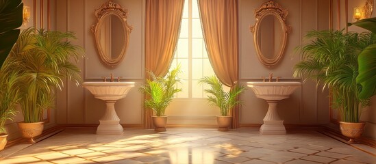 Leinwandbilder - Luxurious bathroom interior with two elegant sinks set against large windows draped with warm curtains and surrounded by lush greenery for a serene atmosphere