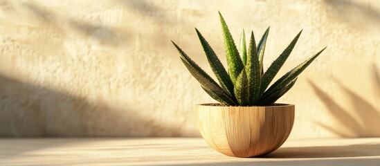 Aufkleber - Minimalist still life featuring a green plant in a wooden round planter on a sandy background with soft shadows and ample copy space