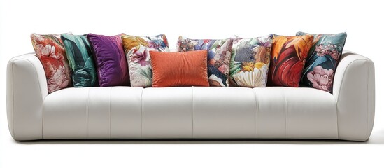 Aufkleber - Stylish modern white couch with vibrant multicolored pillows in various textures arranged evenly for a contemporary and inviting living space