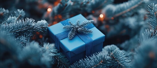 Poster - Blue Christmas gift box elegantly resting amidst frosty pine branches, adorned with delicate snowflakes, creating a serene festive atmosphere.