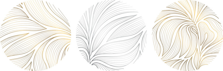Vector set of art deco wave leaves logos, nature abstract emblems, yoga, beauty, spa background. Circle elegant design elements, floral line labels.
