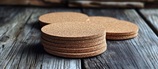 Wall Mural - Stack of round cork coasters arranged on a rustic wooden surface with natural grain textures featuring warm brown and tan colors creating an inviting atmosphere.