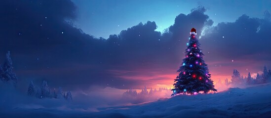 Poster - Serene winter landscape featuring a decorated Christmas tree with colorful lights on a snow-covered ground under a vibrant sunset sky