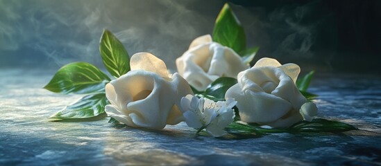 Poster - Delicate white roses with soft petals and lush green leaves arranged artistically on a serene surface illuminated by gentle light.