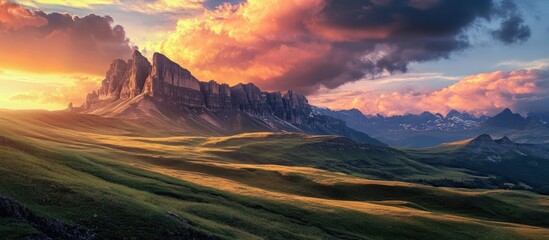 Poster - Majestic mountain landscape under vibrant sunset skies with dramatic clouds casting shadows over rolling green hills and rugged rock formations.
