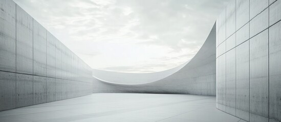 Fototapete - Tranquil museum gallery with white walls and smooth curves under an overcast sky creating a serene and inviting atmosphere for visitors